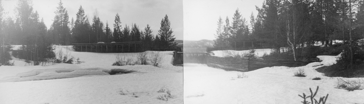 Fiskvikrokkdalsdammen i elva Rokka i Rendalen, fotografert på en seinvintersdag i 1943. Landskapet og vassdraget var ennå dekt av snø. Vi ser imidlertid skådammen som ledet inn mot den vestre damløpet, en loddrett tømmerskjerm. Vi aner også takoverbygget over den østre damarmen mot barskogen i bakgrunnen. Motivet inngår i et todelt opptak - jfr. SJF.1989-04650. Mer informasjon om denne fløtingsdammen finnes under fanen «Andre opplysninger».