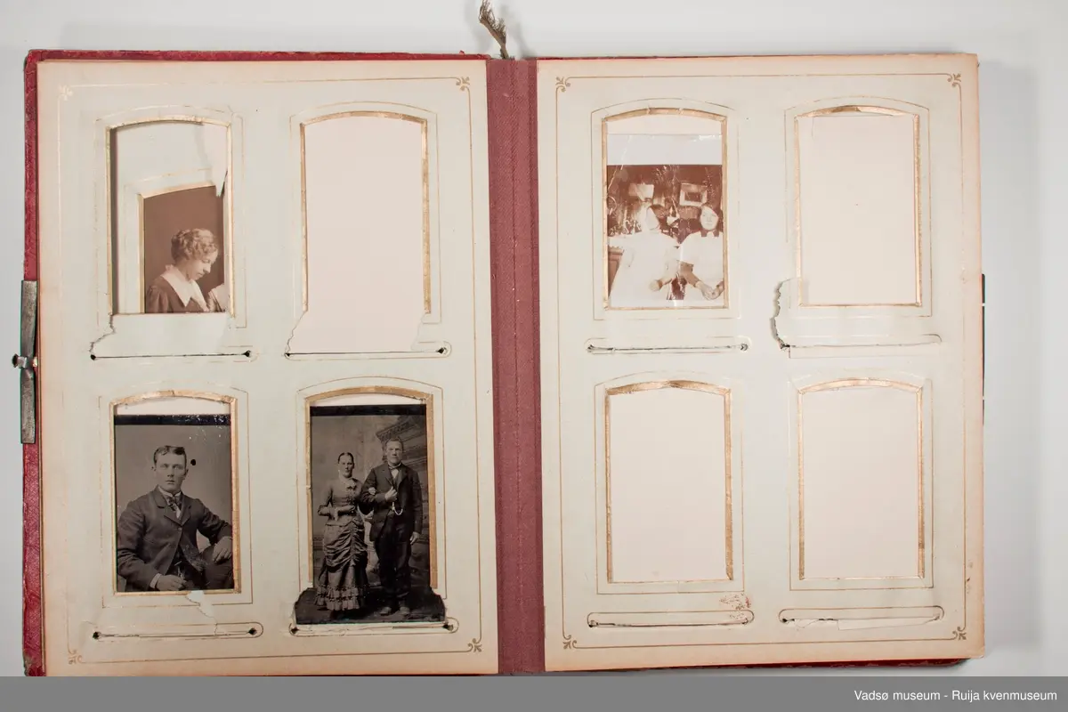 Albumet inneholder familebilder, kabinettkort for det meste. Det er 11 tintype i albumet. 

Om Tintype fotografering:

Tintype kom i 1853. Kvaliteten på bildet var dårlig, men prosessen ble raskt populær blant amatører og kanonfotografere. Dette var en enkel og billig prosess. I stedet for glass ble emulsjonen lagt på en tynn metallplate som ble fortinnet og malt svart. Når negativet lå på en mørk bakgrunn hadde det den effekt at det virket som et positivt bilde. Hos fagfotografen var det gjerne de bemidlede borgerne som lot seg fotografere, men med denne prosessen kunne også arbeideren ha råd til å la seg avbilde. Disse bildene tatt med tintype har i ettertid vært viktige for historikere som har forsket på det lavere sosiale laget av befolkningen.  Tintype prosessen var rask, krevde lite kjemi, og siden metallplaten ikke trakk vann så tørket den med det samme. Bildene kunne klippes til så de passet i medaljonger eller i små papirrammer, og de tålte å bli sendt i posten. Prosessen ble brukt helt frem til 1950 tallet, da den ble overtatt av polaroidfotografiet og 35mm film.