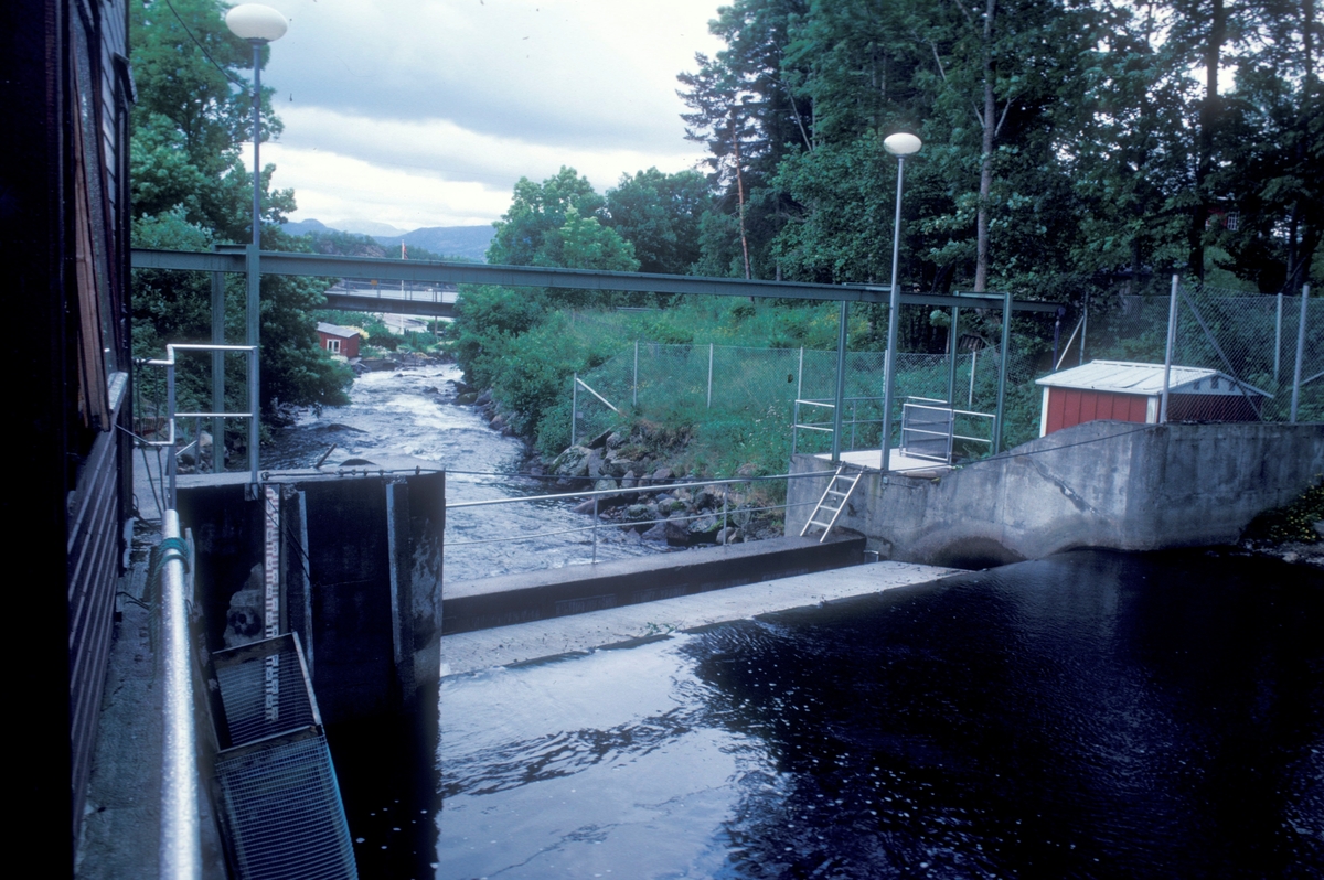 Ims, 1983 : Detaljbilde fra forskningsstasjonen på Ims. Demningen på elva Imsa.