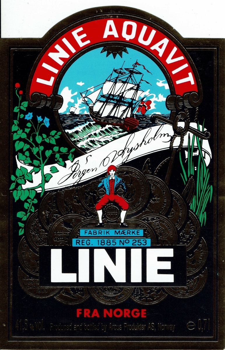 Lysholm Linie Aquavit. 1998. Arcus Produkter AS. Forside- og baksideetikett. Med tysk markedsføring. 
