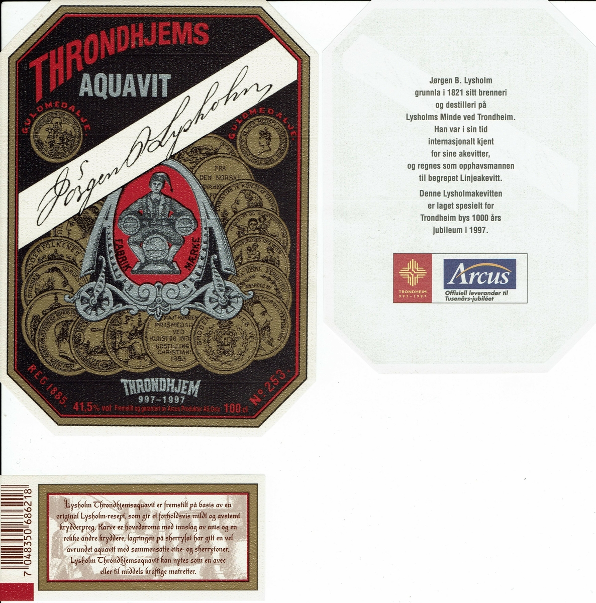 Lysholm Throndhjems Aquavit. Arcus Produkter AS. 997-1997. 41.5 % vol. 