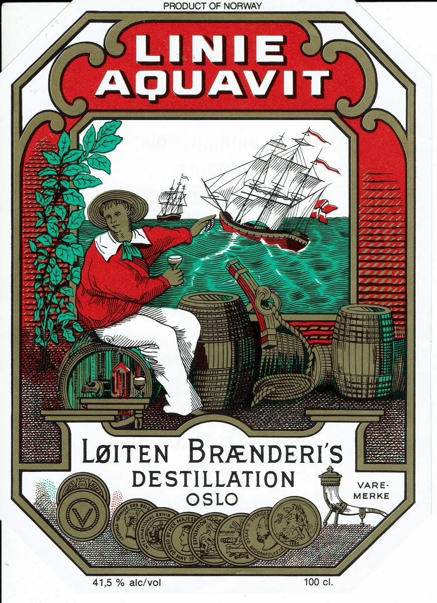 Løitens Linie Aquavit. 1986. Med varemerke og medaljer. A/S Vinmonopolet. Forside- og baksideetikett. 