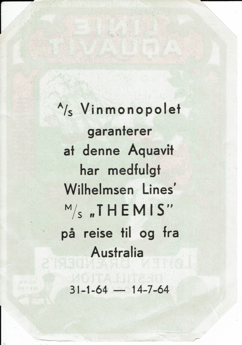 Løitens Linie Aquavit. 1964. Med varemerke og medaljer. A/S Vinmonopolet. Forside- og baksideetikett. 