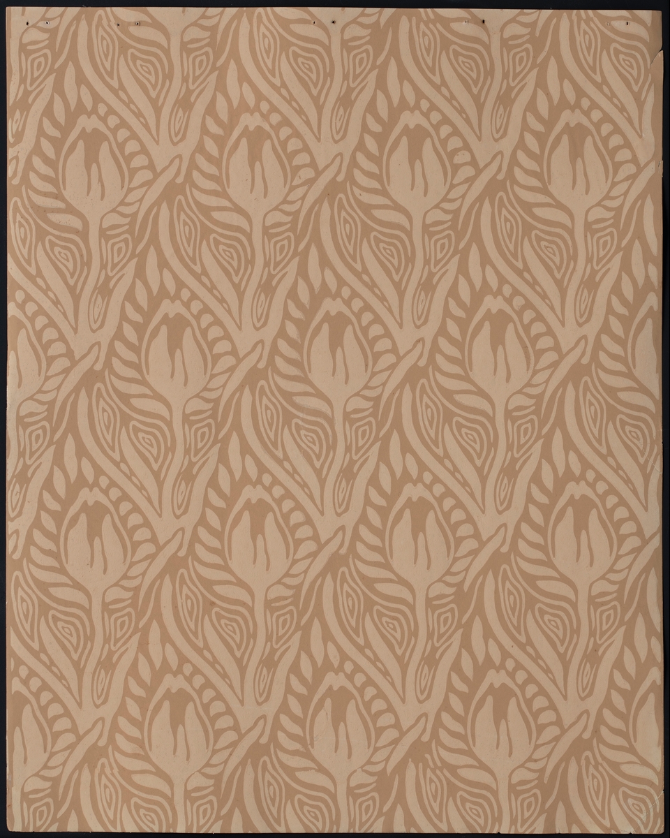 Bok/ hefte med 26 tapetprøver à 47,8 x 59,8 cm. Boken består av 5 mønster med ulike fargevariasjoner. Mønstrene er Tulipan, Akeleie, Dahlia, Dynamografikk og ett uten navn.