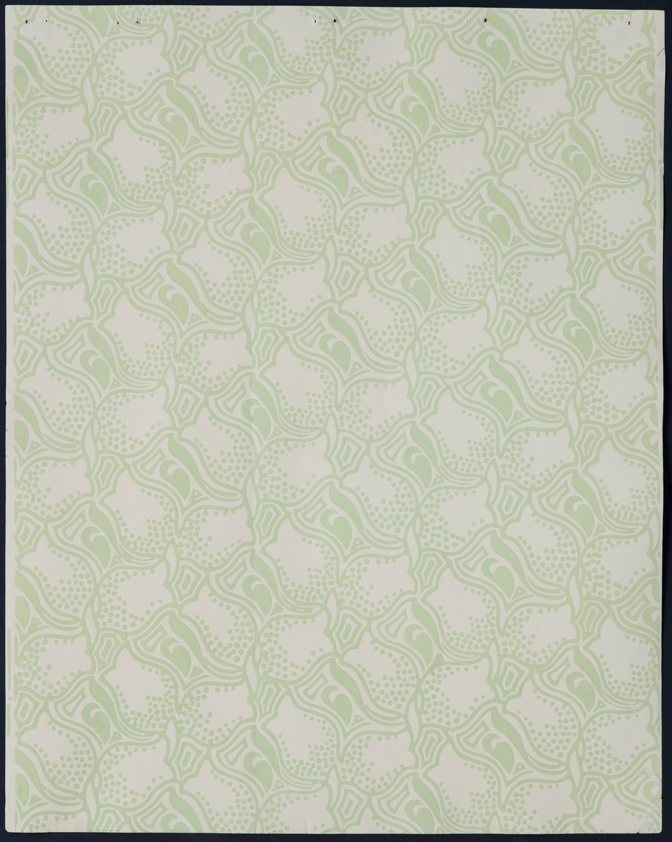 Bok/ hefte med 26 tapetprøver à 47,8 x 59,8 cm. Boken består av 5 mønster med ulike fargevariasjoner. Mønstrene er Tulipan, Akeleie, Dahlia, Dynamografikk og ett uten navn.