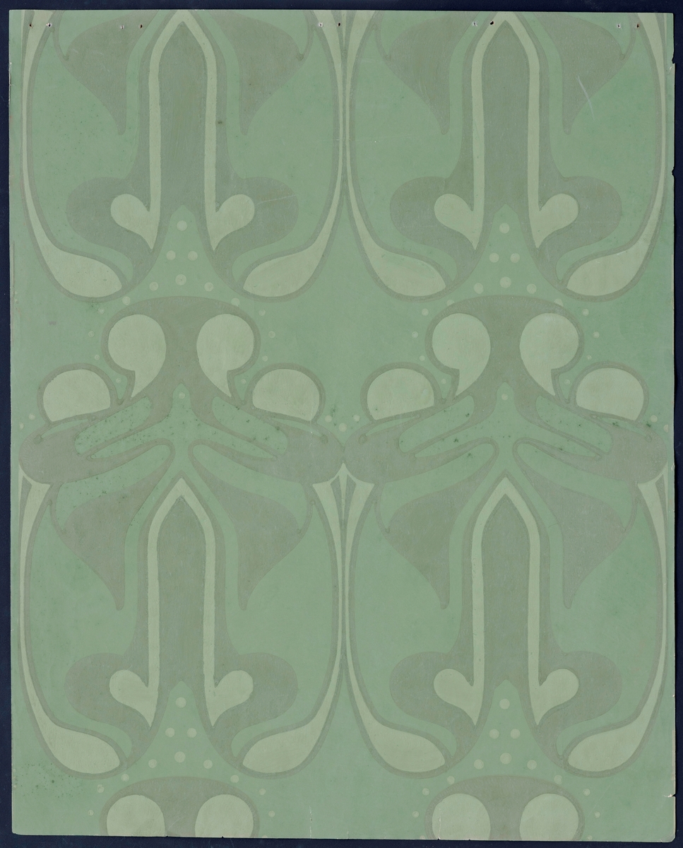 Bok/ hefte med 26 tapetprøver à 47,8 x 59,8 cm. Boken består av 5 mønster med ulike fargevariasjoner. Mønstrene er Tulipan, Akeleie, Dahlia, Dynamografikk og ett uten navn.