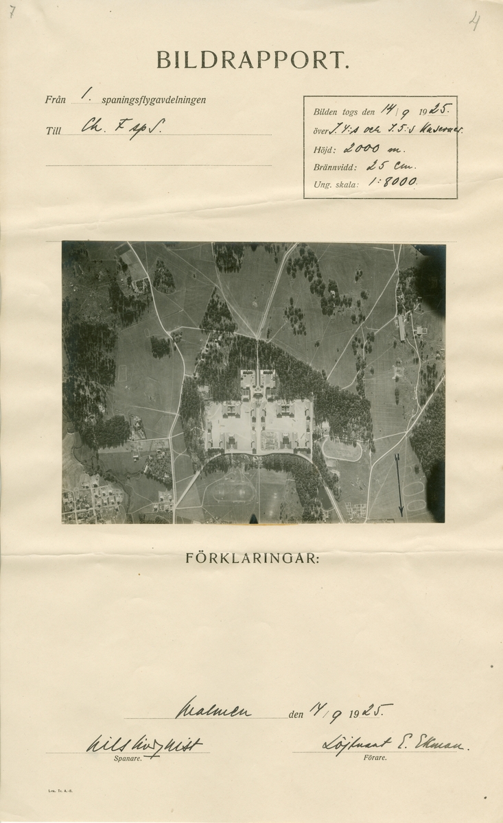 Flygfotografi av kasern för I 4 och I 5 i Linköping från 2000 meters höjd den 14 september 1925. Foto påklistrad på bildrapport från spaning vid flygspanarskolan på Malmen.