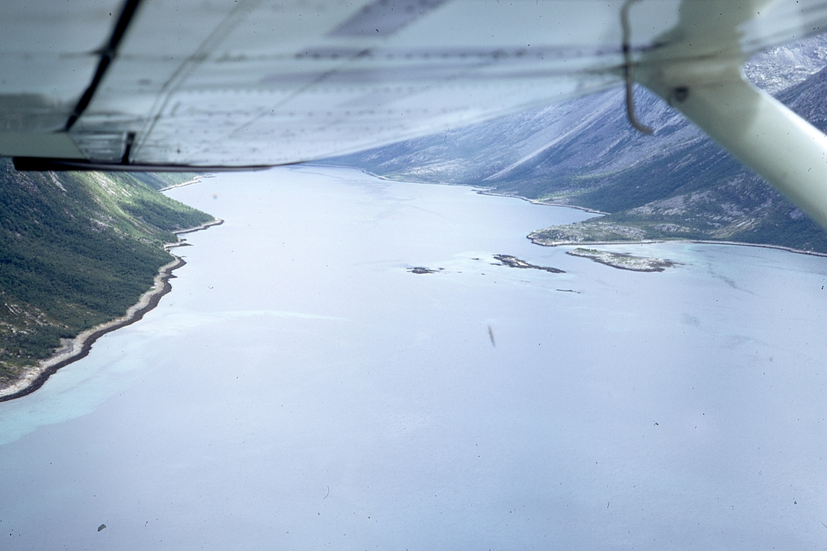 Torsken 1972, Fiskeoppdrett, Flakstadvåg : Flyfoto fra innløpet til Indre Selfjord, Senja.