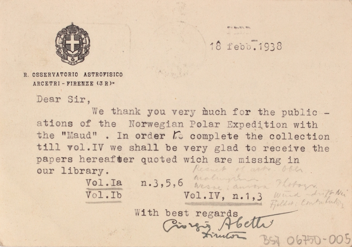 Takkekort-samling vedr. polarskipet MAUD. Takkekort fra R. Osservatorio Astrofisico Arcetri - Firenze  (med frimerke) i forbindelse med at de har mottatt publikasjon vedr. MAUD sin polekspedisjon i 1918-1925.