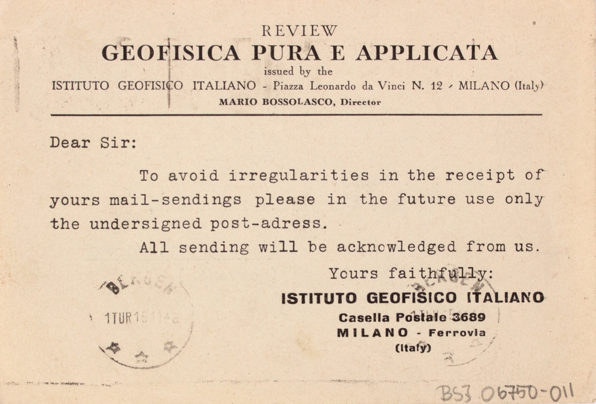 Takkekort-samling vedr. polarskipet MAUD. Takkekort fra Instituto Geofisico Italiano, Milano i Italia (med frimerke) i forbindelse med at de har mottatt publikasjon vedr. MAUD sin polekspedisjon i 1918-1925.