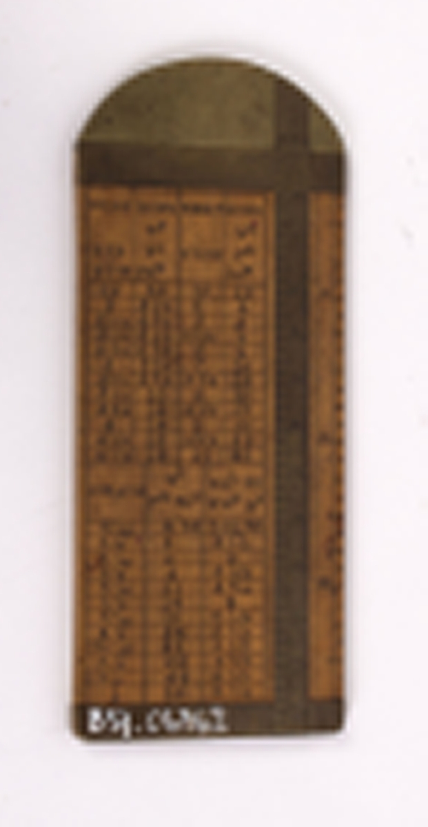 Målestav. Skyvelær til å måle dimensjon på tau og wire. Rektangulær i tre med messingbeslag, halvrundt beslag øverst. Påskrift skala og liste over ulike dimensjoner for tau og wire. Består av to deler som skyves sammen.