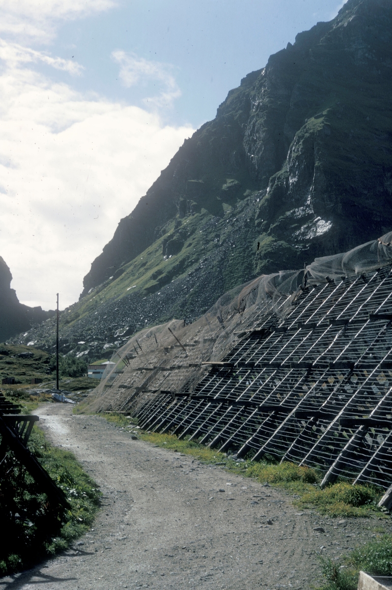 Lovund seminar, 1972 : Motiv fra Lovund. Fiskehjeller står langs veien. Høye fjell i bakgrunnen.