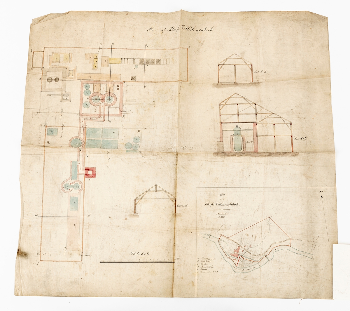 Tegning, plan, kart over Klevfos Cellulosefabrik, slik fabrikken framstod før den ble utvidet til papirfabrikk. (Papirproduksjonen kom i gang på Kelvfos i 1892, og navnet derfor endret til Klevfos Cellulose- & Papirfabrik.)