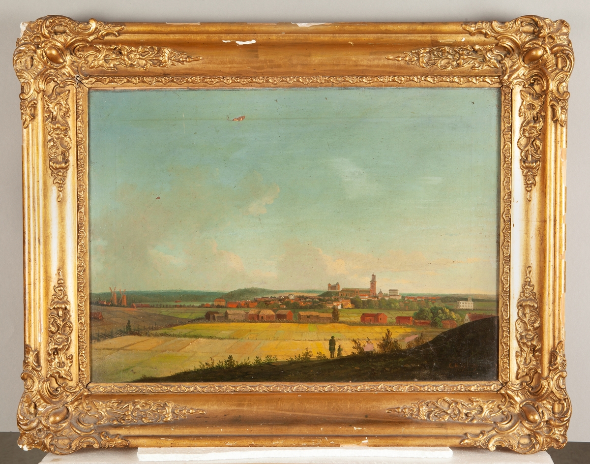 Uppsala från norr. Till vänster i bild skymtas de två kvarnar som gett området Kvarngärdet dess namn.