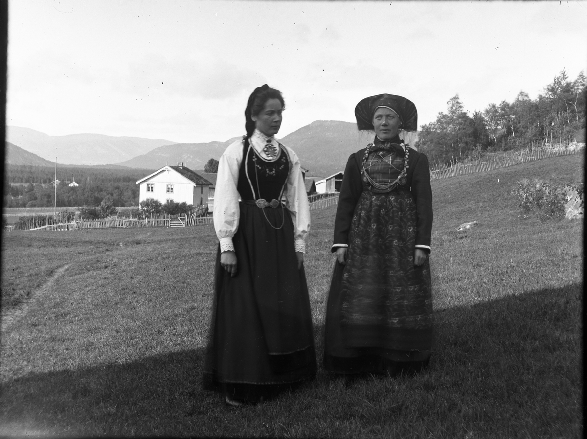 Fotosamling etter Bendik Ketilson Taraldlien (1863-1951) Fyresdal. Gårdbruker, fotograf og skogbruksmann. Fotosamlingen etter fotograf Taraldlien dokumenterer områdene Fyresdal og omegn. 
Portrett av to kvinner i folkedrakt fra Vest Telemark ved gården Moghus.