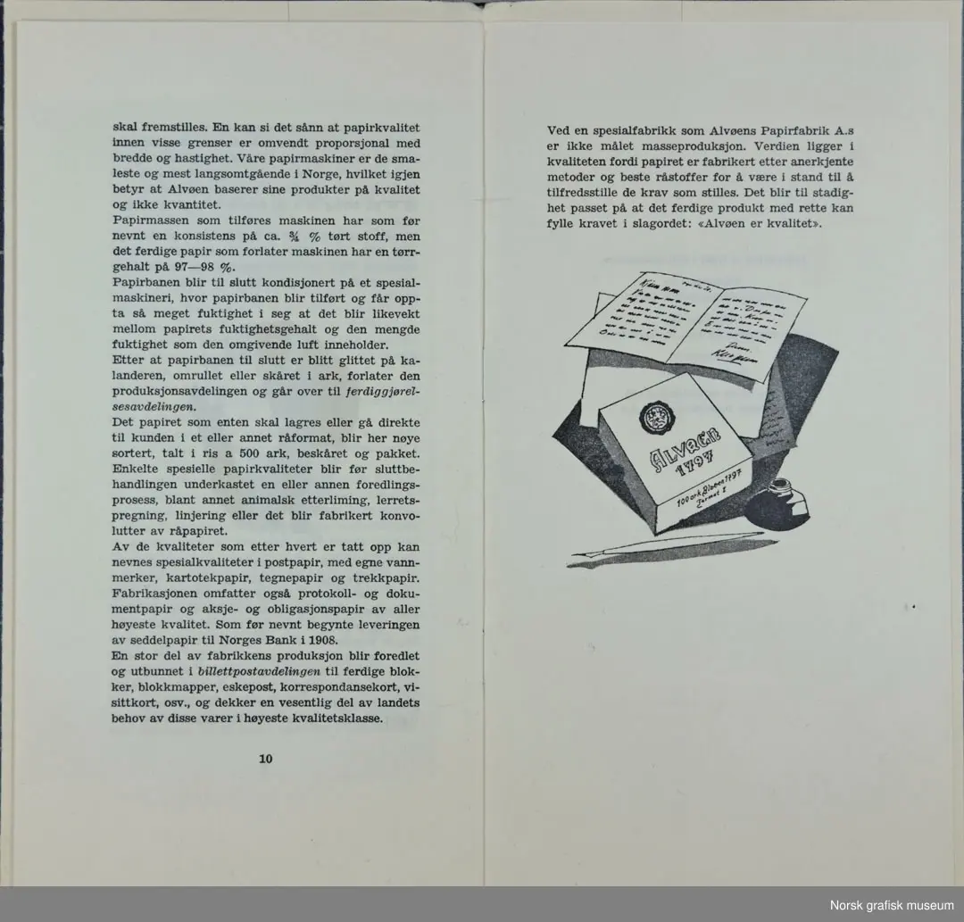 Hefte med historikk og fakta om Alvøens Papirfabrik As (bedriftshistorie, firmahistorie).