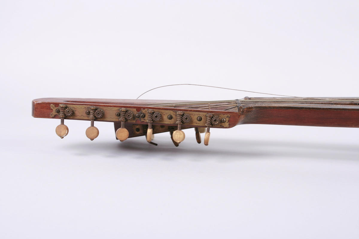 Gitar med dobbel hals. En hals med bånd og 6 strenger, 6 løssvingende strenger ved den andre halsen.