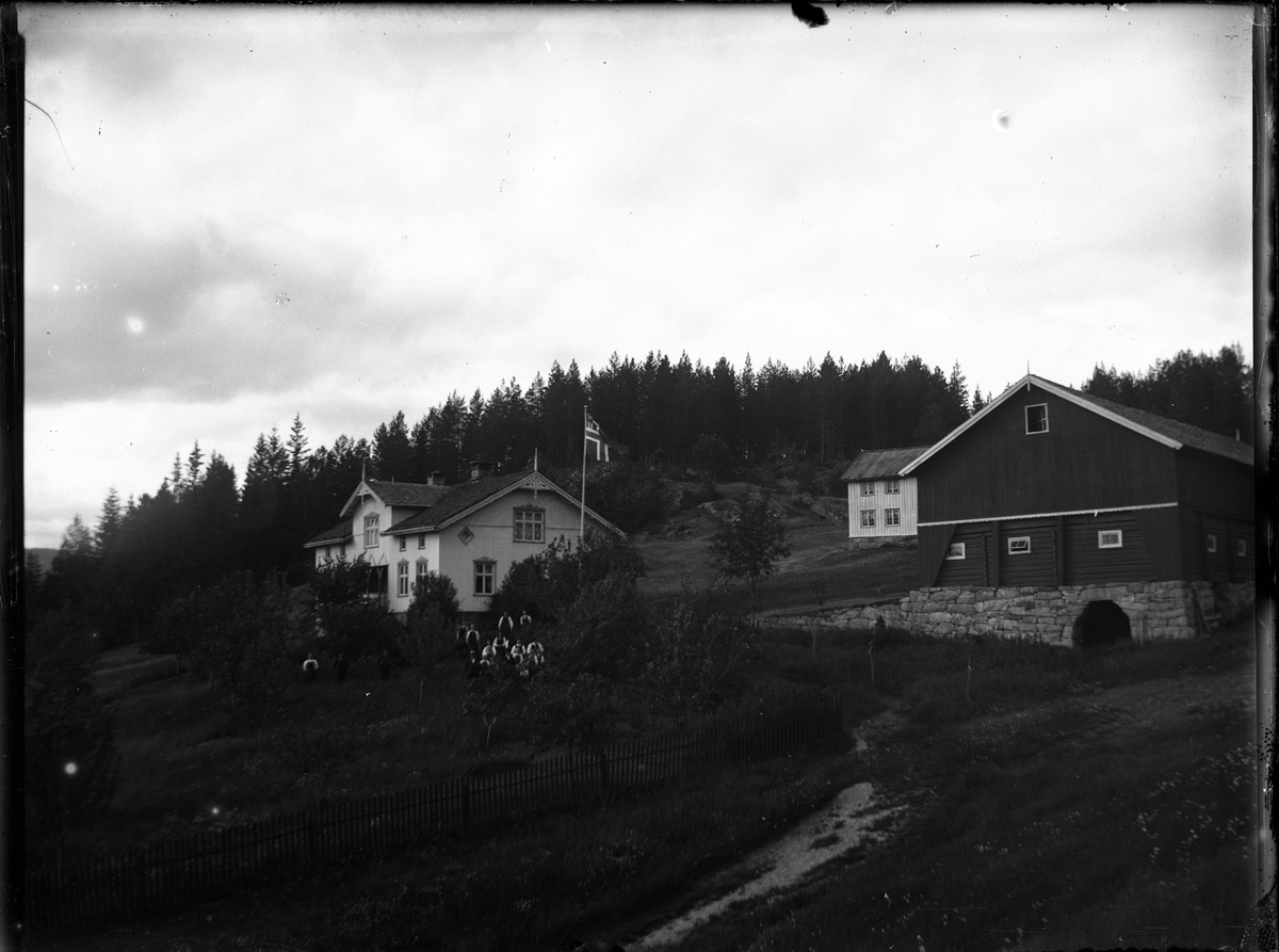 Fotosamling etter Bendik Ketilson Taraldlien (1863-1951) Fyresdal. Gårdbruker, fotograf og skogbruksmann. Fotosamlingen etter fotograf Taraldlien dokumenterer områdene Fyresdal og omegn. 
Gruppeportrett med festkledde folk i eplehage ved gård. Det flagges med unionsflagg.