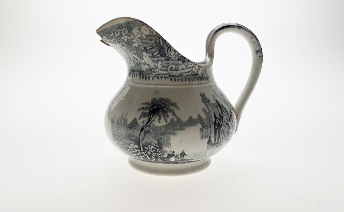 Blomster, landskapsscene, mennesker og bygninger