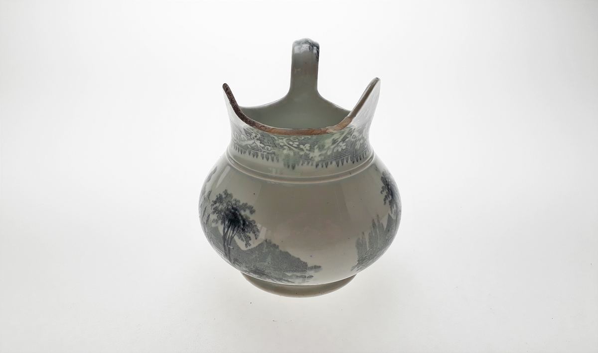 Blomster, landskapsscene, mennesker og bygninger