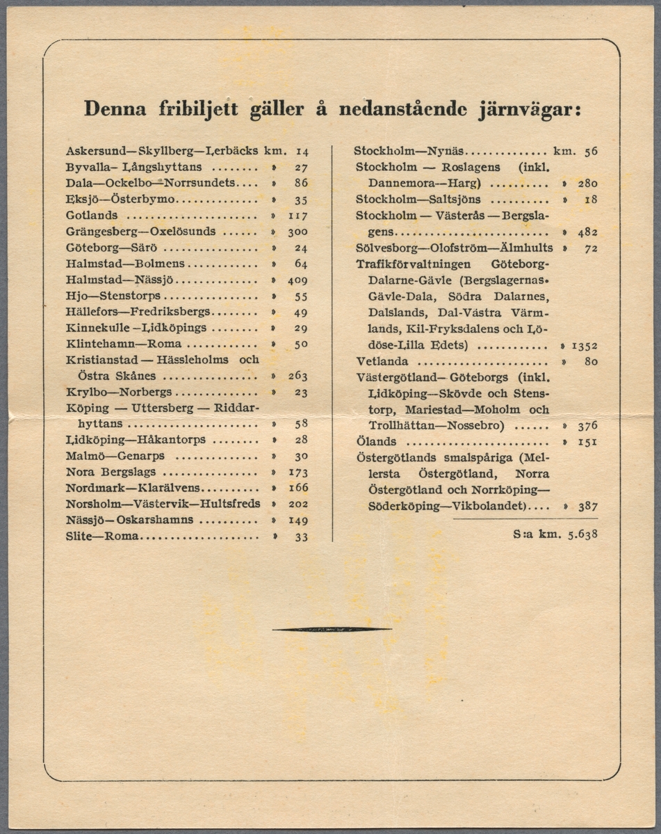 Svenska Järnvägsföreningens fribiljett för år 1944 i första klass för distrikschefen vid Statens järnvägar J. B. Walentin. Biljetten är vikt och har en tryckt svensk flagga i botten med en vit kant runt på framsidan. I toppen finns ett bevingat hjul. Biljetten är undertecknad för Svenska järnvägsföreningen. I biljetten ingick 25 kg resgods fritt.
Biljettens framsida är överkryssad med två korslagda svarta streck. På baksidan står årtalet "1944" i gult i en blå cirkel. Nedanför står det "Fribiljetten torde återställas till Svenska Järnvägsföreningen vid giltighetens utgång eller dessförinnan, om innehavaren genom avgång ur tjänst eller annorledes icke längre är berättigad till fribiljetten." Inuti den vikta biljetten står det "Denna fribiljett gäller å nedanstående järnvägar:" samt en lista över järnvägar i bokstavsordning och deras längd i kilometer. Nedanför står det "S:a km. 5.638".