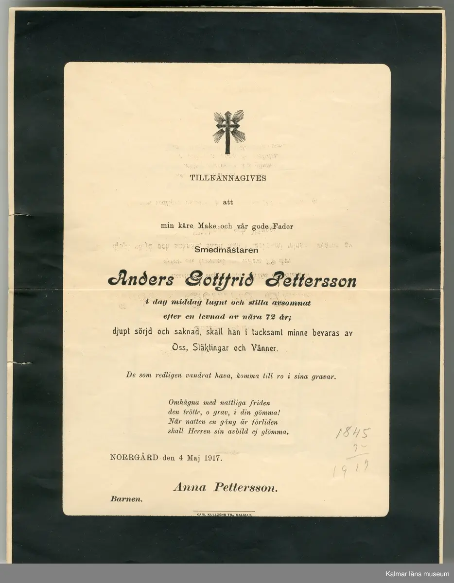 KLM 46489:15:1-3. Gravbrev, tre stycken, papper, färg. Vitt papper med svart ram och text i svart.