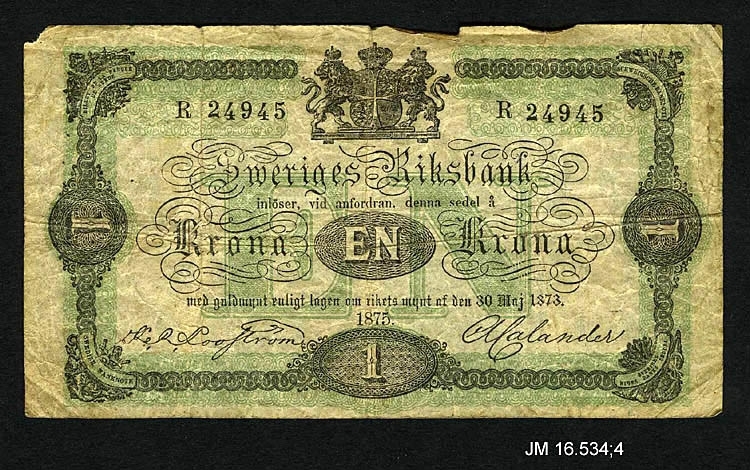 Sedel av papper, 1 krona 1875. Oskar II, utgiven av Sveriges Riksbank, Stockholm. JM 16534:4 a-f (6 st sedlar).