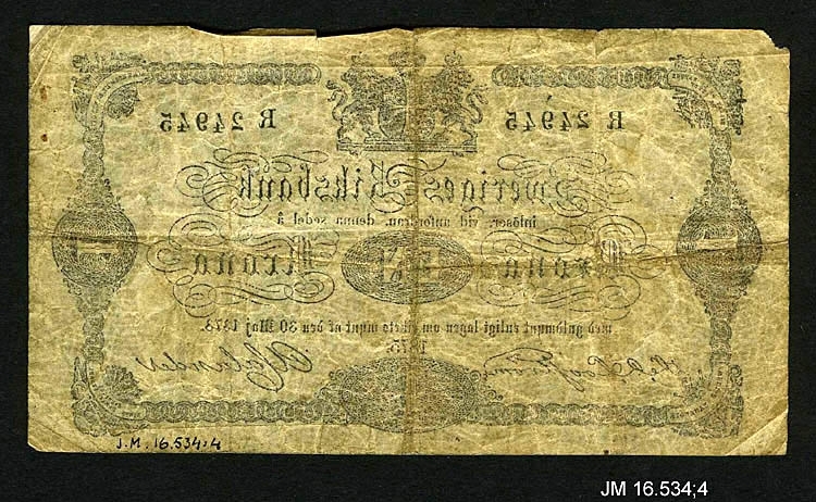 Sedel av papper, 1 krona 1875. Oskar II, utgiven av Sveriges Riksbank, Stockholm. JM 16534:4 a-f (6 st sedlar).