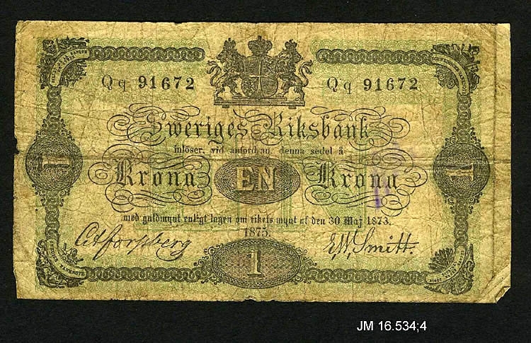 Sedel av papper, 1 krona 1875. Oskar II, utgiven av Sveriges Riksbank, Stockholm. JM 16534:4 a-f (6 st sedlar).