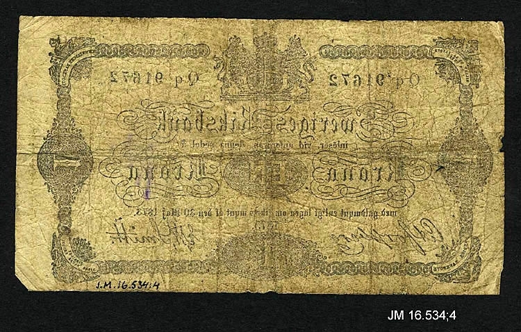 Sedel av papper, 1 krona 1875. Oskar II, utgiven av Sveriges Riksbank, Stockholm. JM 16534:4 a-f (6 st sedlar).