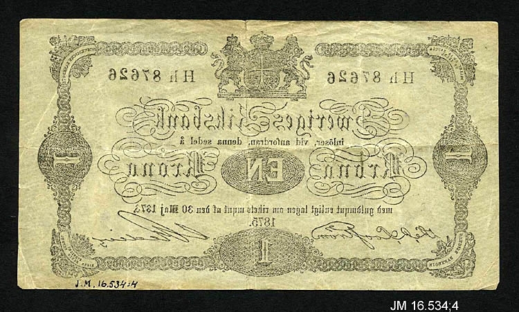 Sedel av papper, 1 krona 1875. Oskar II, utgiven av Sveriges Riksbank, Stockholm. JM 16534:4 a-f (6 st sedlar).