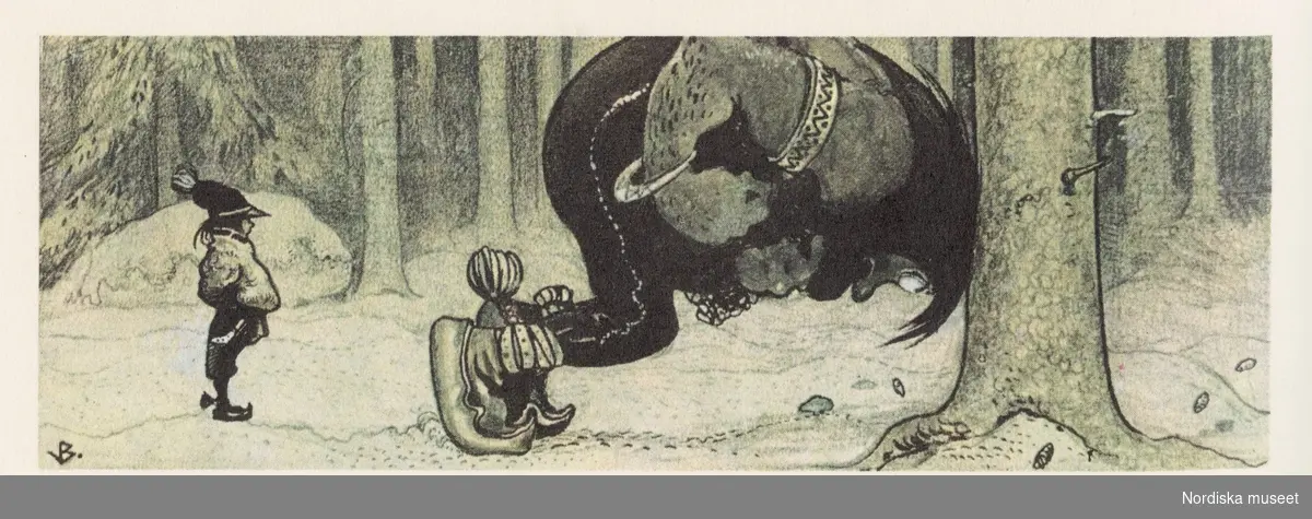 Jätten Stalo och samepojken Kauras. Illustration av John Bauer.
