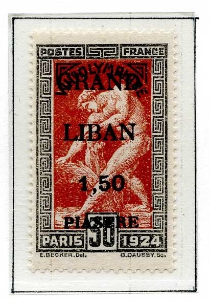 Åtte frimerker fra Sommer-OL i Paris i 1924 montert på en albumside. Det er fire ulike frimerker - to av hvert motiv og farge. Frimerkene er alle stemplet GRAND LIBAN og en annen verdi enn den som er angitt på frimerket.