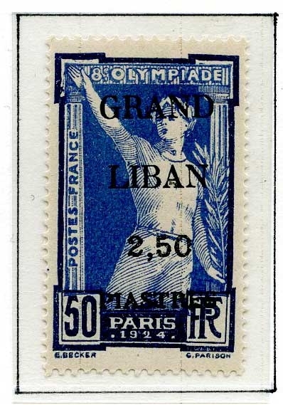 Åtte frimerker fra Sommer-OL i Paris i 1924 montert på en albumside. Det er fire ulike frimerker - to av hvert motiv og farge. Frimerkene er alle stemplet GRAND LIBAN og en annen verdi enn den som er angitt på frimerket.