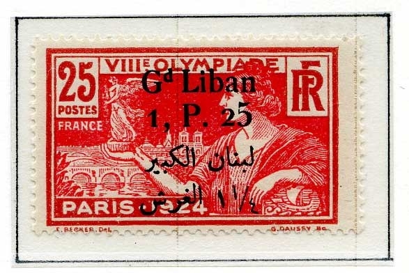 Åtte frimerker fra Sommer-OL i Paris i 1924 montert på en albumside. Det er fire ulike frimerker - to av hvert motiv og farge. Frimerkene er alle stemplet GRAND LIBAN og en annen verdi enn den som er angitt på frimerket.