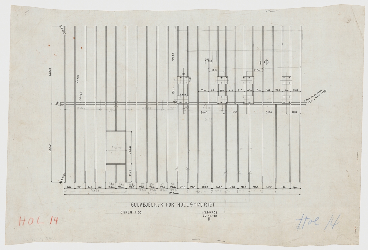 Tegning, bygningstegning, A/S Klevfos Cellulose- & Papirfabrik, gulvbjelker for hollenderiet