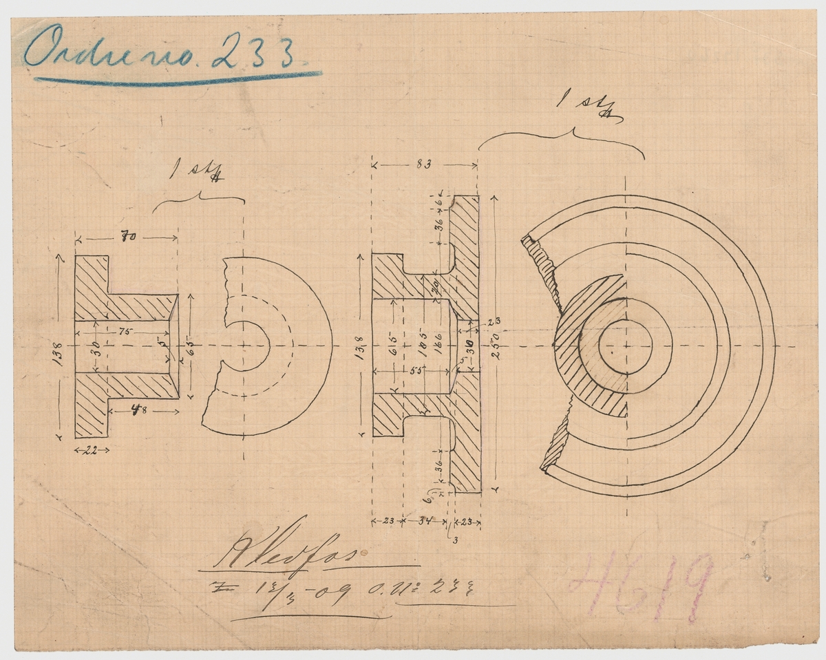 Tegning, teknisk tegning, driftsmateriell, utstyr til A/S Klevfos Cellulose- & Papirfabrik.
