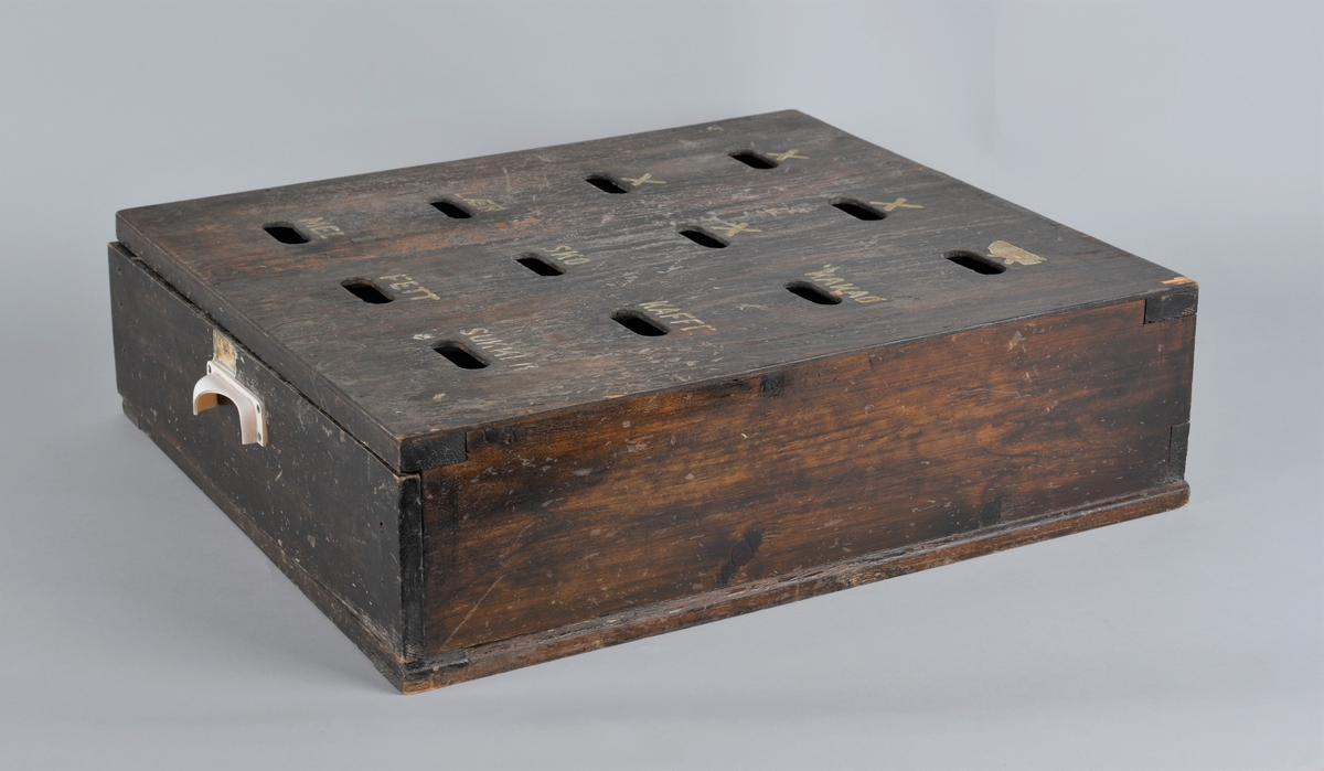 Trekasse for oppbevaring av rasjoneringskort, brukt under og etter andre verdenskrig.
Kassen har en uttrekkbar skuff med flere rom som passer til åpningene i fronten. Håndtaket på skuffen er delvis knust.
Kassen har 12 åpninger i 4 rekker, der det er påmalt tekst: 
1 rekke: X -  X - X 
2 rekke: X - X - kakao
3 rekke: lær - sko - kaffe
4 rekke: mel - fett - sukker