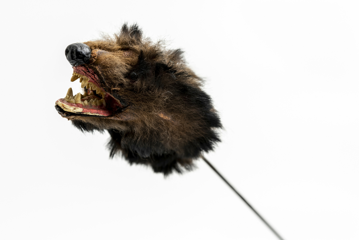 Tekstilhode av hund eller ulv festet på tynn stålpinne. Har tilhørt Sara Fabricius