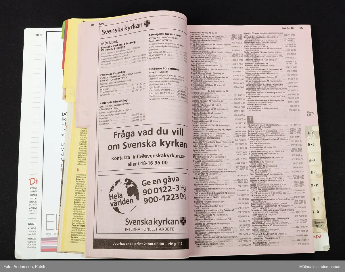 En rektangulär telefonkatalog. Katalogen är grön och har texten Din Del tryckt i i röd färg uppe i högra hörnet. Under Din Del finns texten Mölndal, Kållered, Mölnycke,Landvetter Lindome, 2011 tryckt i vit färg. På nedre delen av katalogen finns sex mindre rektangulära rutor med reklaminnehåll. Den gröna delen av katalogen har ett stiliserat mönster i mörkare grön färg i form av flygplan, skor, blommor och ankare. Telefonkatalogen Din Del var en lokal variant av telefonkatalogen och tillverkades av Eniro. I katalogen finns lokala telefonnummer till privatpersoner, samhällsinrättningar och företag. Din Del började ges ut på nätet i början på 90-talet. De fysiska katalogerna som delades ut till hushållen, slutade tillverkas 2016, då det inte var lönsamt längre att tillverka den.