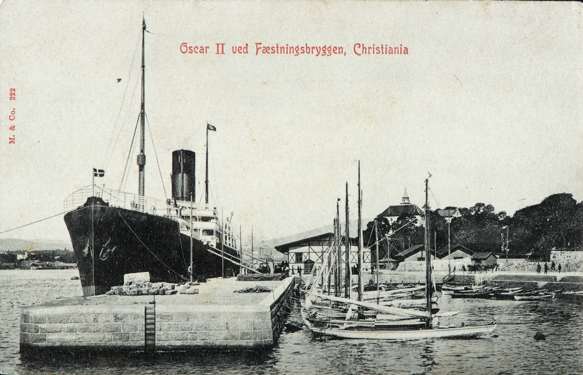 Oscar II ved Fæstningsbryggen, Christiania. Brevkort, postkort, dampskip, Oslo.