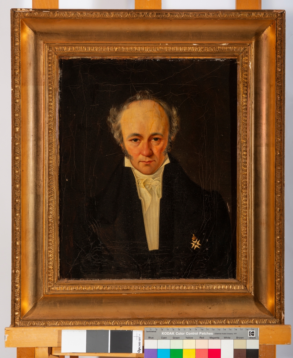 Portrett av Jakob Nicolay Roll. Brystbilde en face. Grått hår og skinnskjegg. Kledd i mørk jakke med bremmer. Hvit skjorte med stående krage og knyttet halstørkle. St. Olavs Orden på hans venstre bryst. Mørk bakgrunn. 