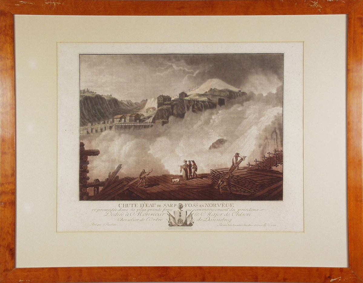 Sarpsfossen og hus i bakgrunnen.