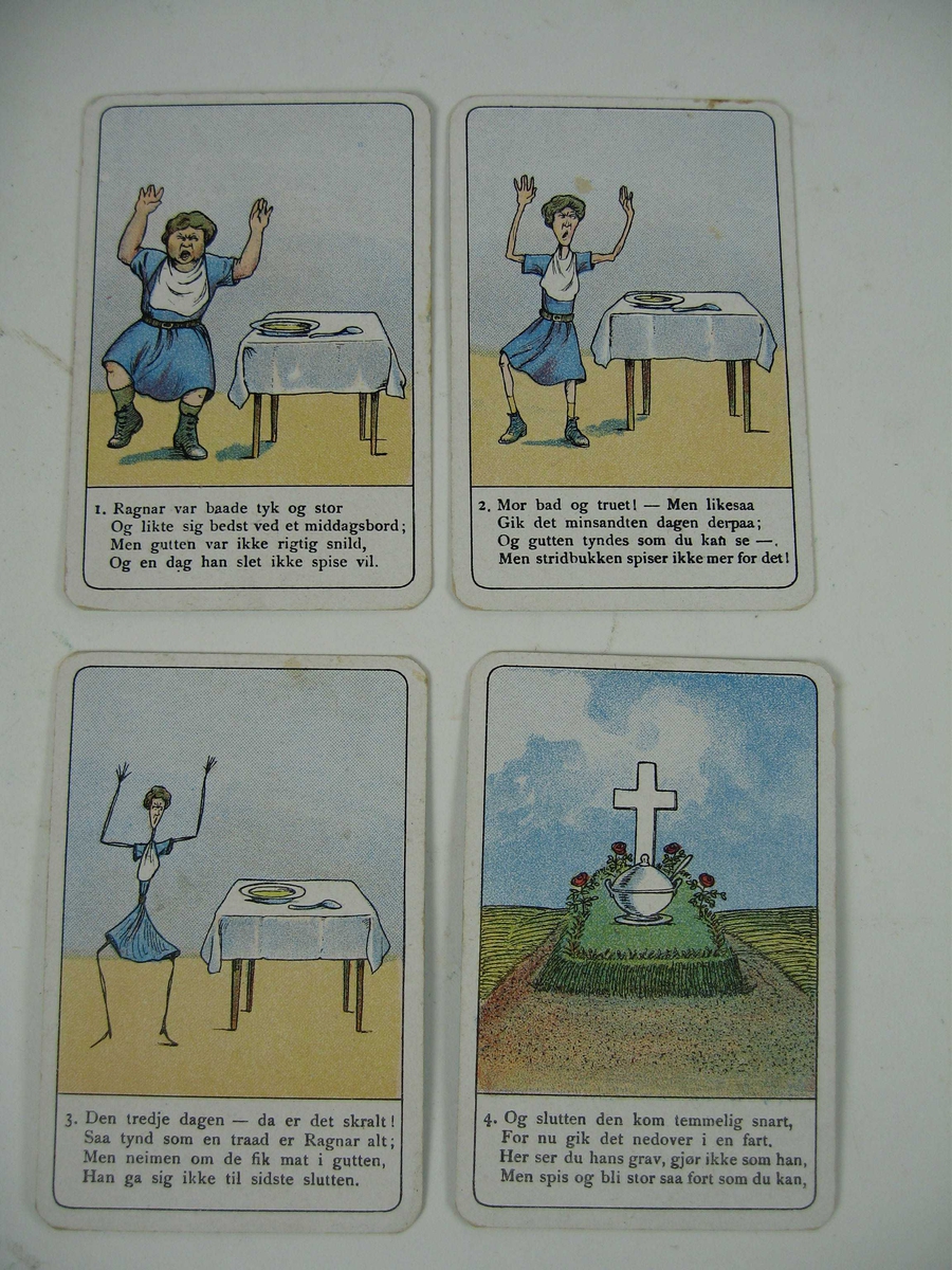 Kortstokk med 32 kort. Baksiden er lys blå, mens forsiden har en tegning og tekst med vers og nummerert 1 til 4. Fire kort hører sammen, de danner til sammen en historie, som til dels er meget oppdragende. Kortstokken ligger i et omslag med spilleregler som i sin tur ligger i en eske merket Busteper og Kristiania N W Damm & Søn.Kortstokken kostet kr 1,50.