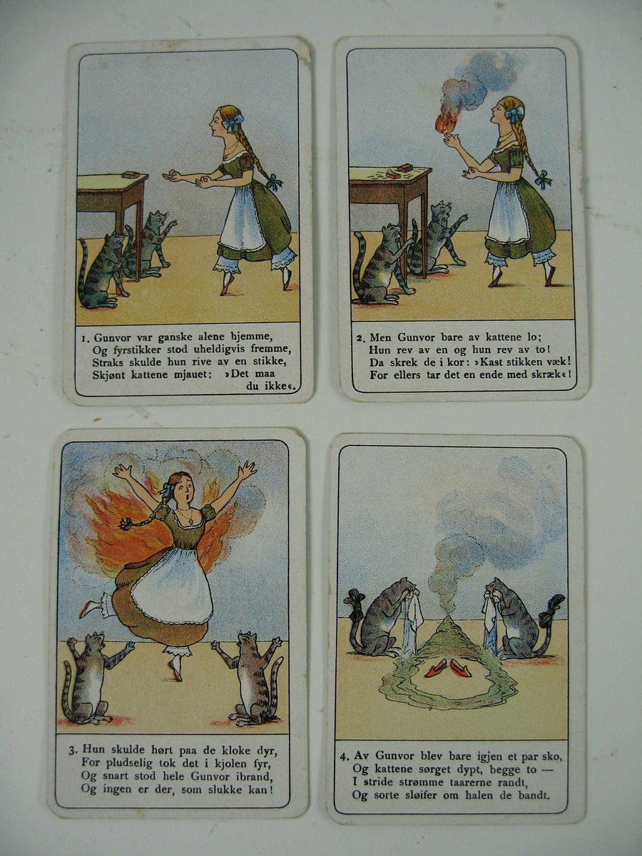 Kortstokk med 32 kort. Baksiden er lys blå, mens forsiden har en tegning og tekst med vers og nummerert 1 til 4. Fire kort hører sammen, de danner til sammen en historie, som til dels er meget oppdragende. Kortstokken ligger i et omslag med spilleregler som i sin tur ligger i en eske merket Busteper og Kristiania N W Damm & Søn.Kortstokken kostet kr 1,50.