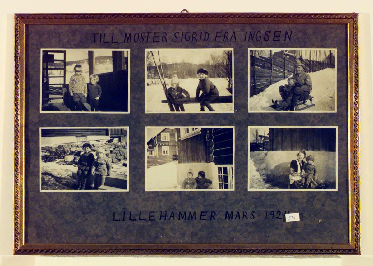 Seks bilder av Sigrid Undsets nevø Ingvald (Ingsen).På et bilde sitter han på kjelke sammen med sin far, Einar Wiberg. På et annet sitter han på fanget til Mary Andersen, g. Stendahl. På resten av bildene er han sammen med sin fetter Hans Benedict, Sigrid Undsets sønn. 