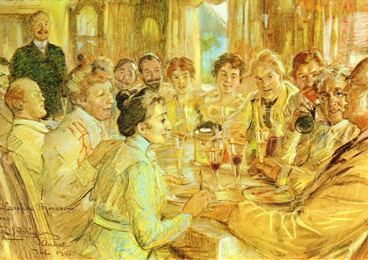 Pastell, Krøyer, spisestue, mat, drikke, 