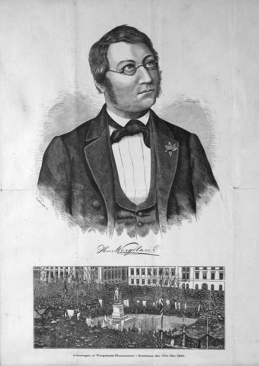 Wergeland, avduking, statue, Studenterlunden, kobberstikk,