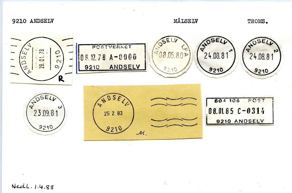Stempelkatalog,  9210 Andselv, Finnsnes, Målselv, Troms