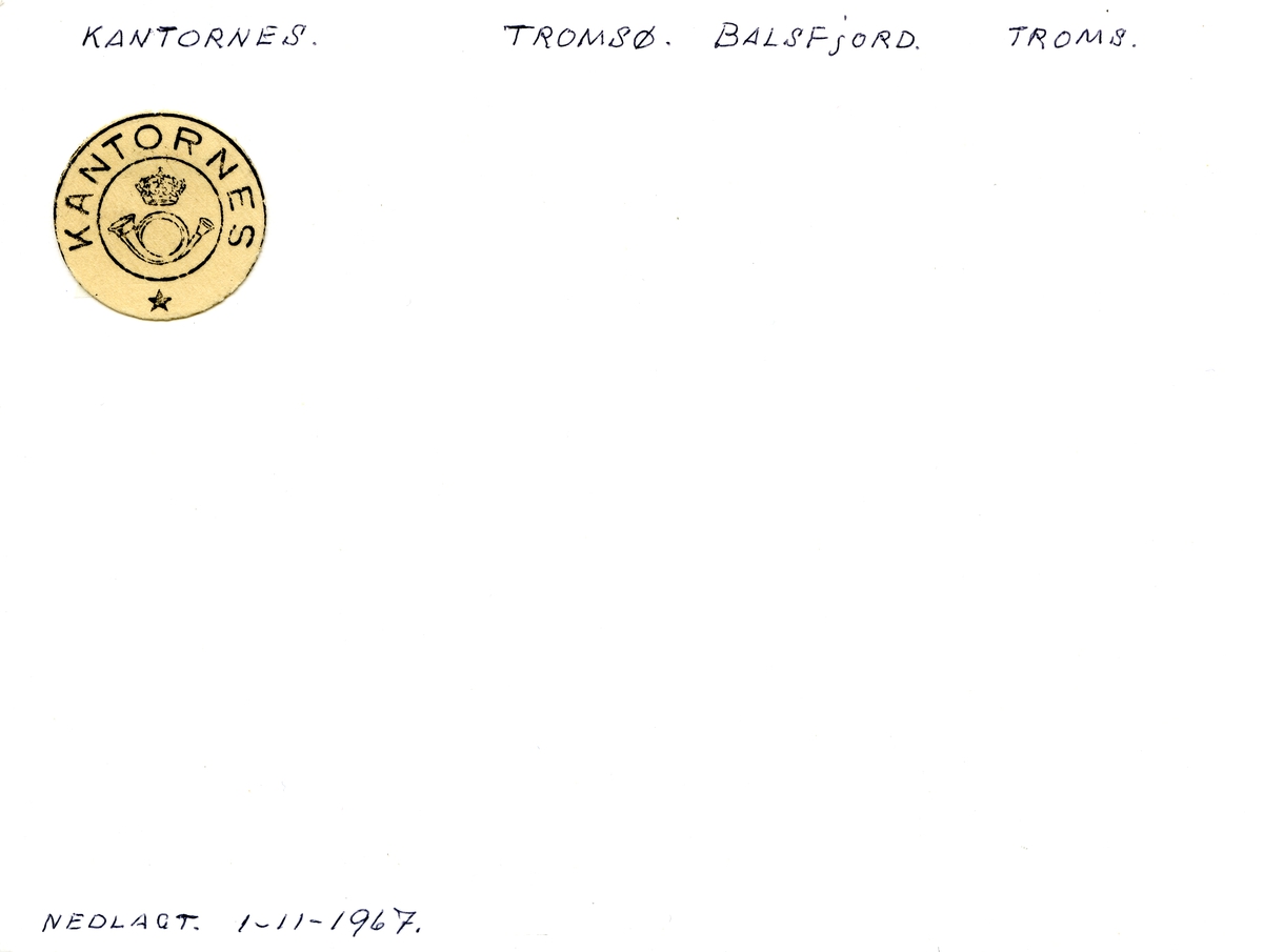 Stempelkatalog.Kantornes, Tromsø, Balsfjord kommune, Troms